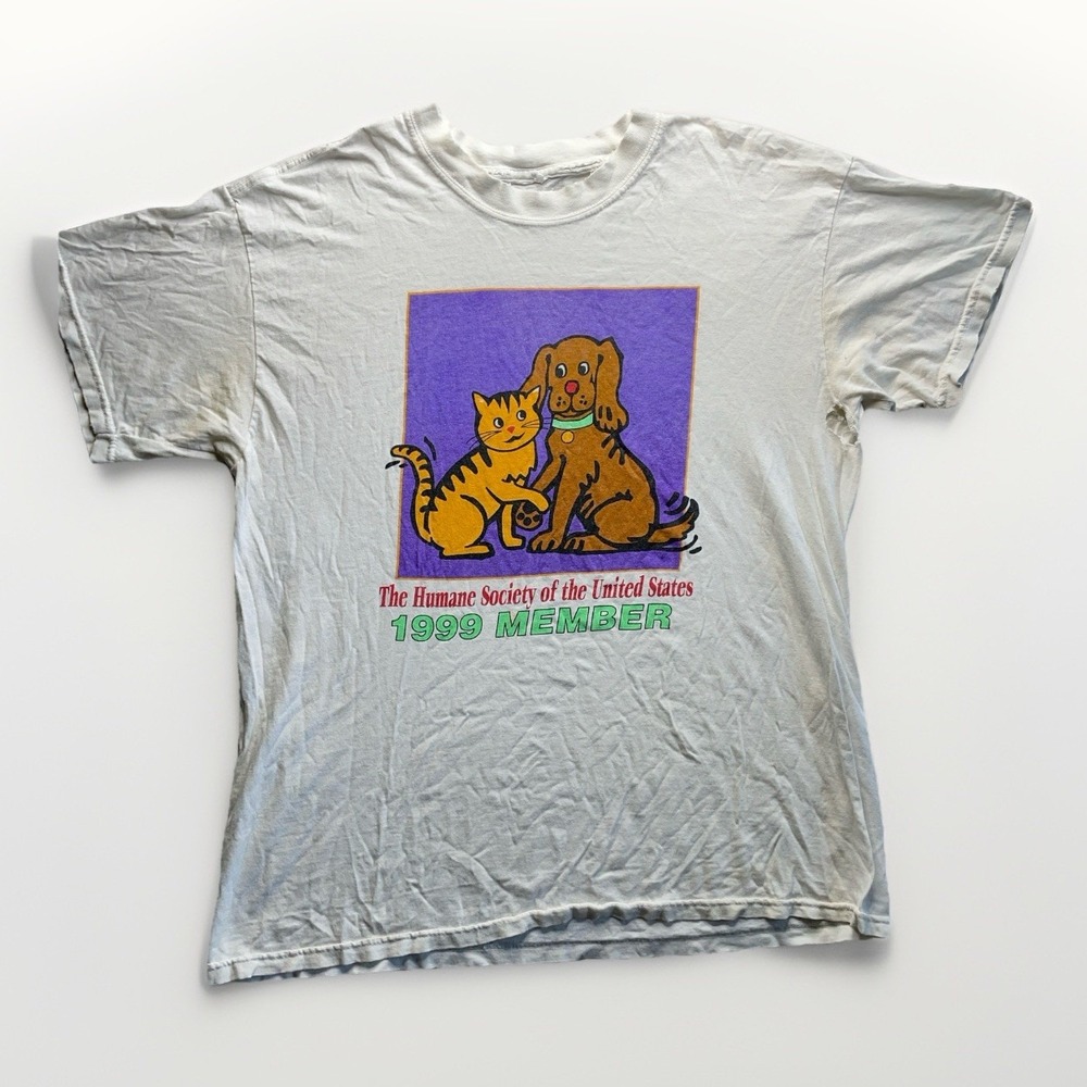 Vtg 90s Humane Society Member Art Tee Animal Rescue Cat Dog Grunge Distressed S